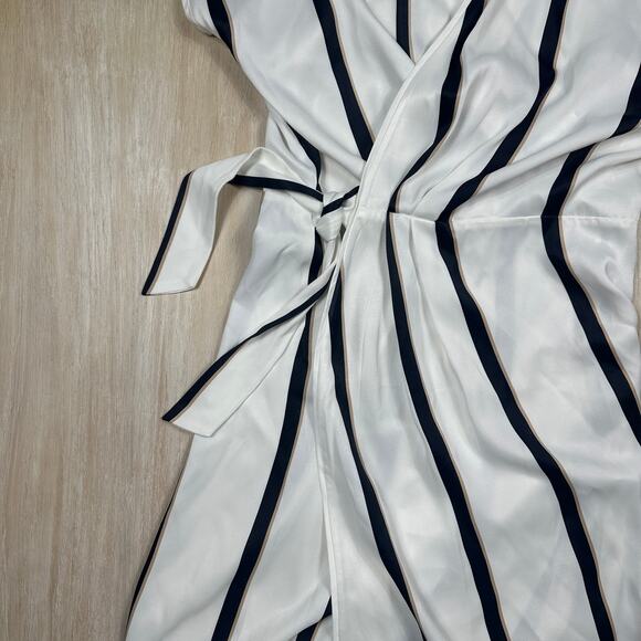 Equipment Striped Work Elegant Short Date Night Sleeve Wrap Midi Dress Medium - Picture 5 of 14